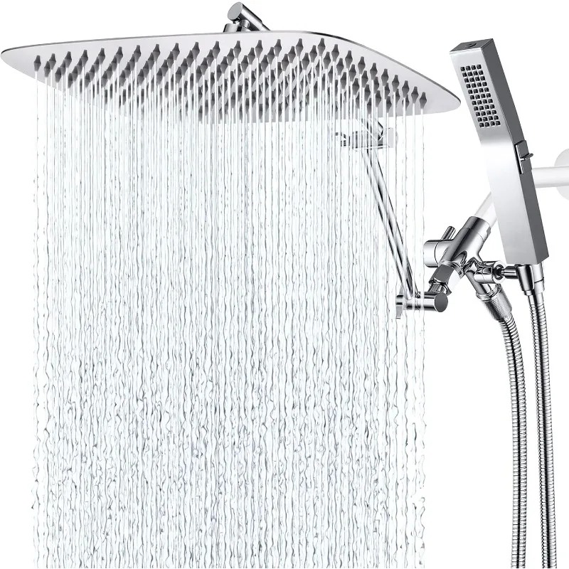 All Metal 14 Inches Rainfall Shower Head with Handheld Spray Combo, 3 Settings Diverter, Adjustable Extension Arm with Lock