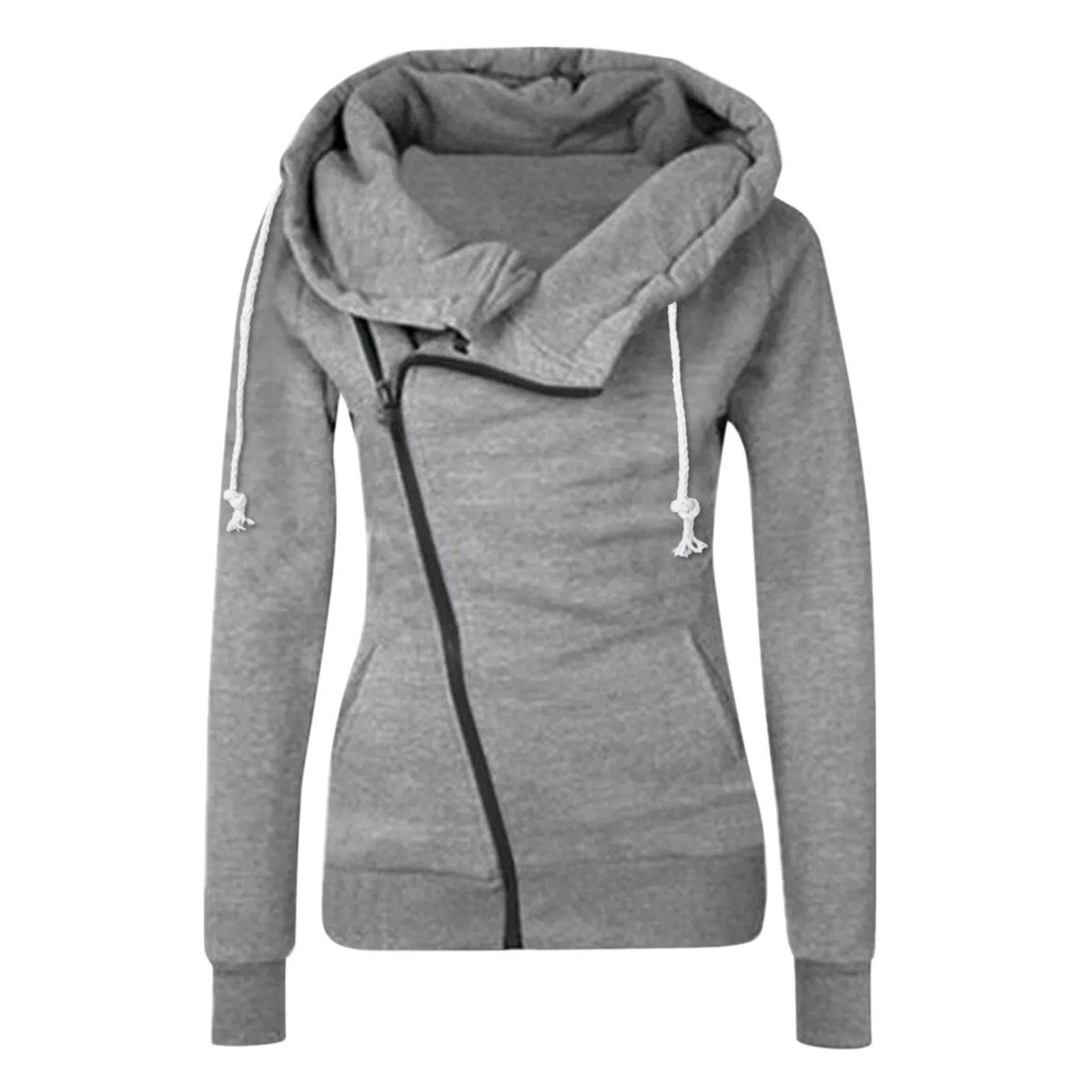 Sudadera con capucha de Color liso para mujer, abrigo informal de entrenamientos deportivos, jersey con cuello de bufanda y cremallera, Sudaderas de