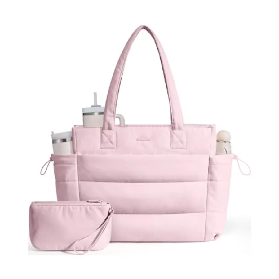 

LOVEVOOK Tote Bag for Women with Giant Tumbler Holder Pocket, Puffer Work Travel Laptop Handbag with Zipper for Nurse Teacher