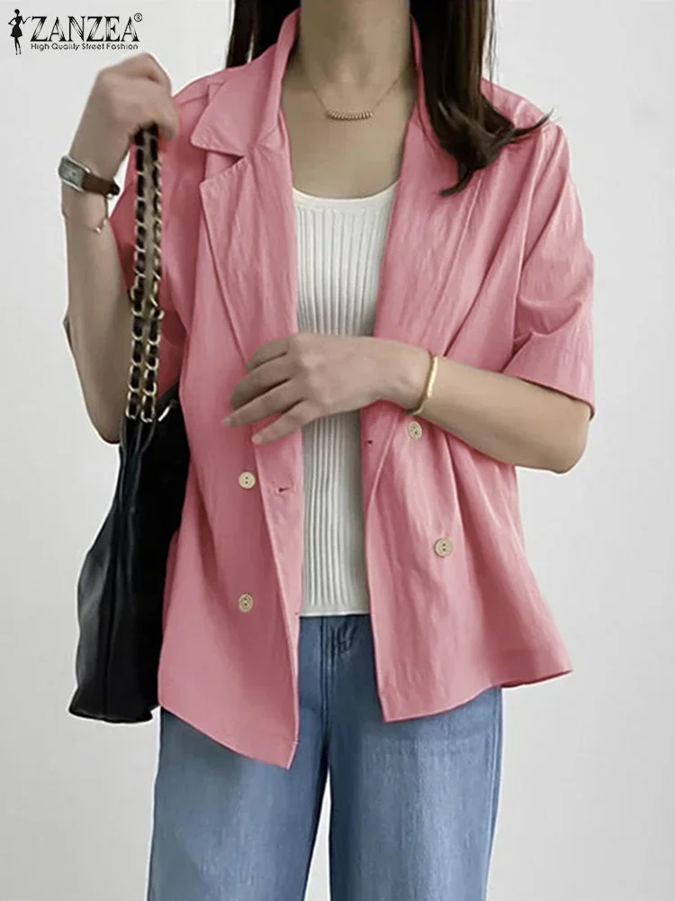 

Women Summer Thin Blazer Shirts 2025 ZANZEA Fashion Double Breasted Solid Color Outercoat Casual Loose Shirts Elegant Office Top