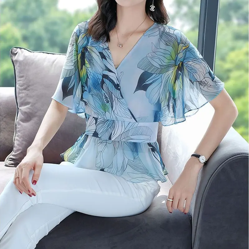 Office Lady Fashion Flowers Printed Blouse Summer Casual Ruffles Patchwork All-match Female V-Neck Korean Drawstring Bow Shirt