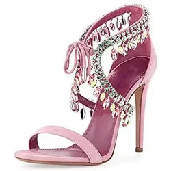 Glitter Multi Rhinestone Tassel Suede Cross-tie Sandals Woman Summer Mint Purple 8/10 cm High Heel Diamond Crystal Banquet Shoes