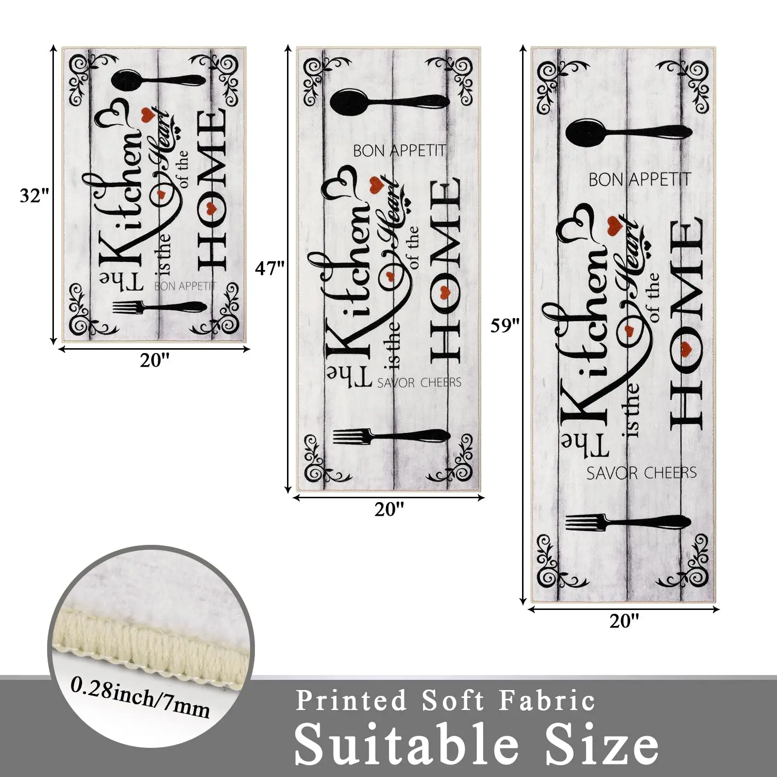 VIKAMA 3-Piece Kitchen Rug Set Machine Washable Kitchen Anti-Slip Suitable for Kitchen Rugs and Mats Ideal for Kitchen Use