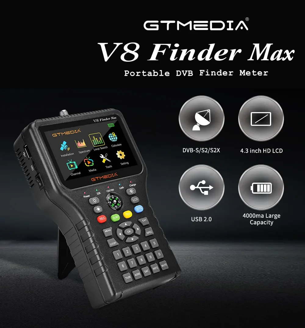 

GTMEDIA V8 Finder Max Измеритель спутникового телевидения 4,3 дюйма ЖК-дисплей DVB-S/S2/S2X H.265 Улучшенный, затем V8 Finder 2 Pro2 V7 S5X SATLINK WS-6933