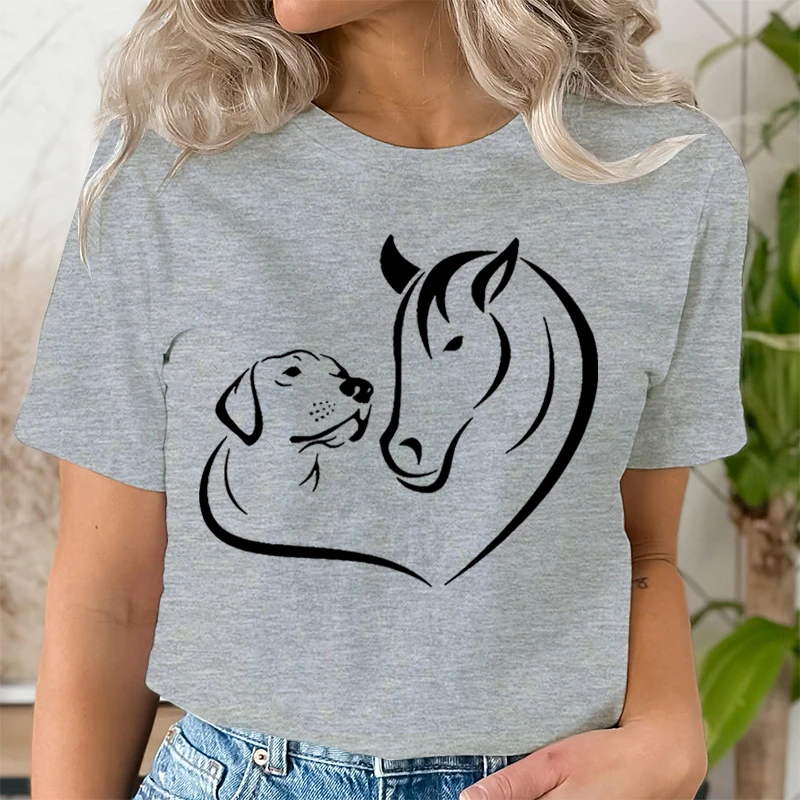 Dog Horse Shape Heart Print T Shirt Women Short Sleeve O-Neck Loose Ladies Tshirt Harajuku Fashion Animal Women T-shirt Tops