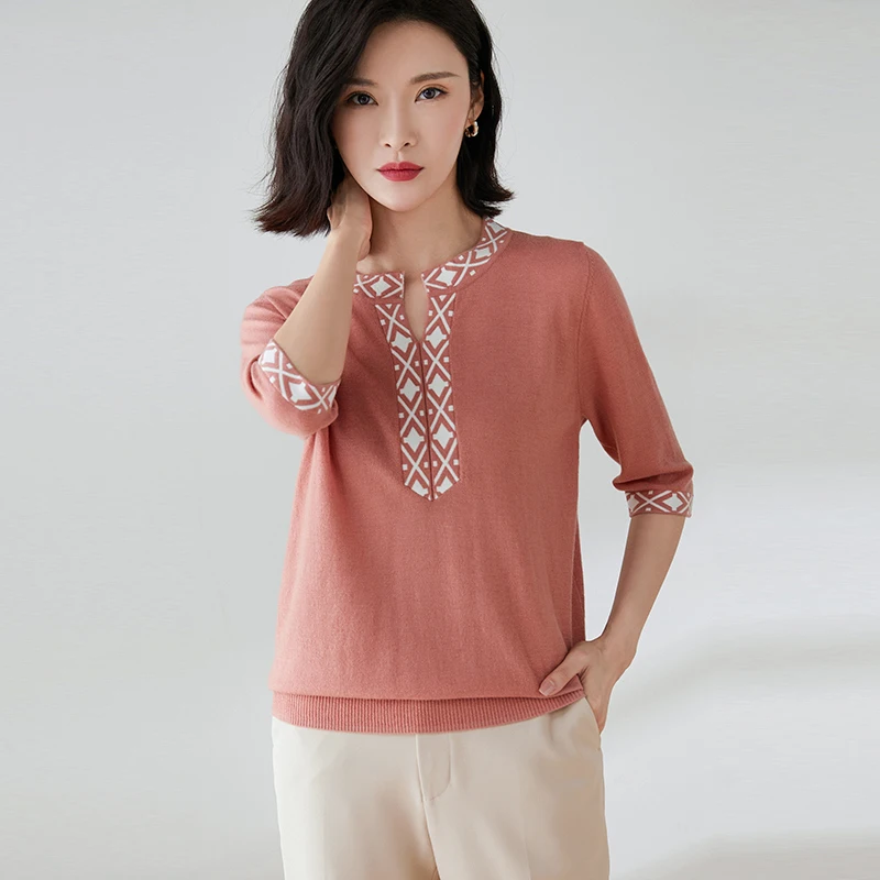 100% Wool Tees for Women 2022 Spring Cashmere Sweater Blouse Short Sleeved Ladies Pure Wool T-Shirts Pullover Knit Tops