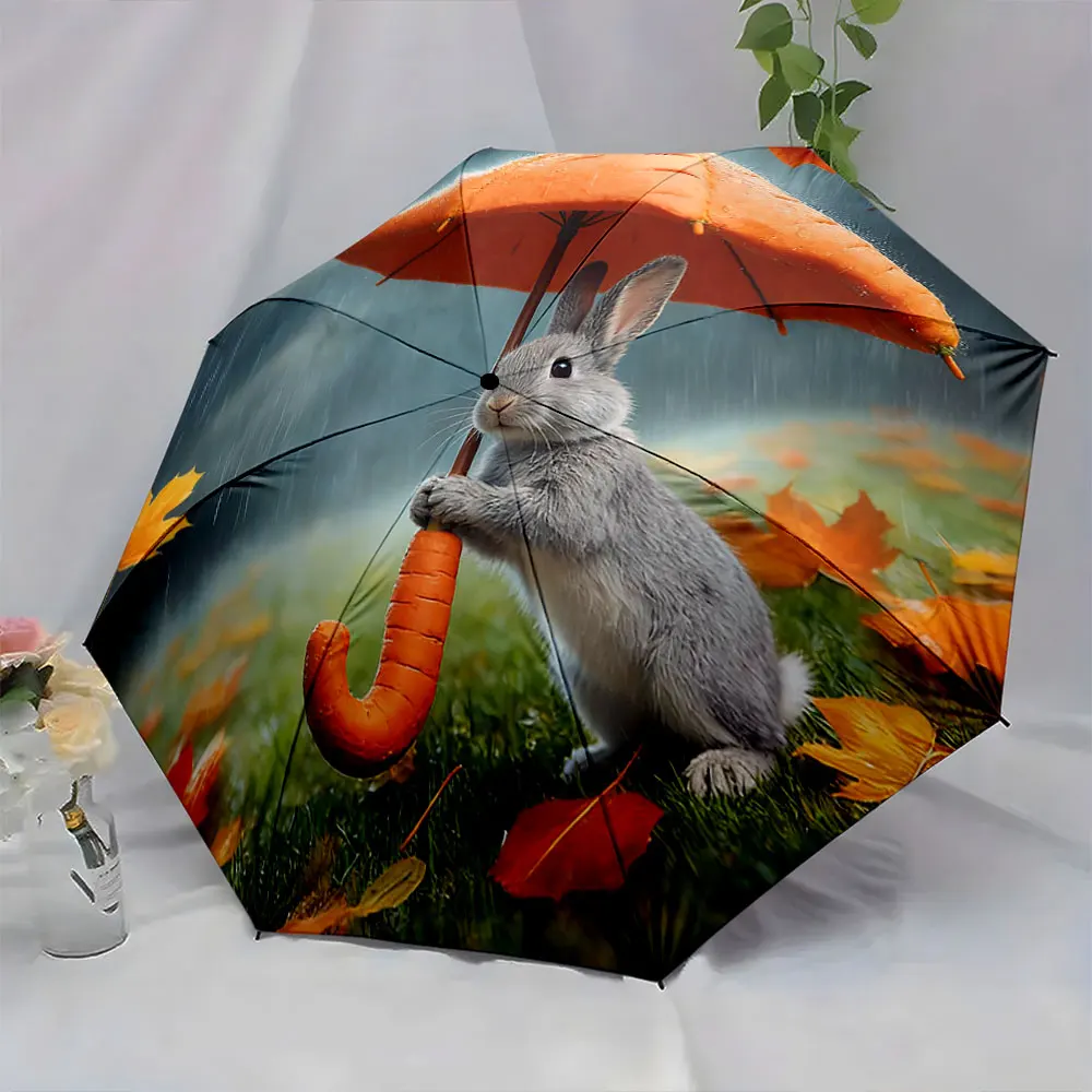 1PC Rabbit's Rainy Day Delight with Vegetable Umbrella Print 8 Iron Ribs Folding Umbrella Auto-Open Fashion Sunshade