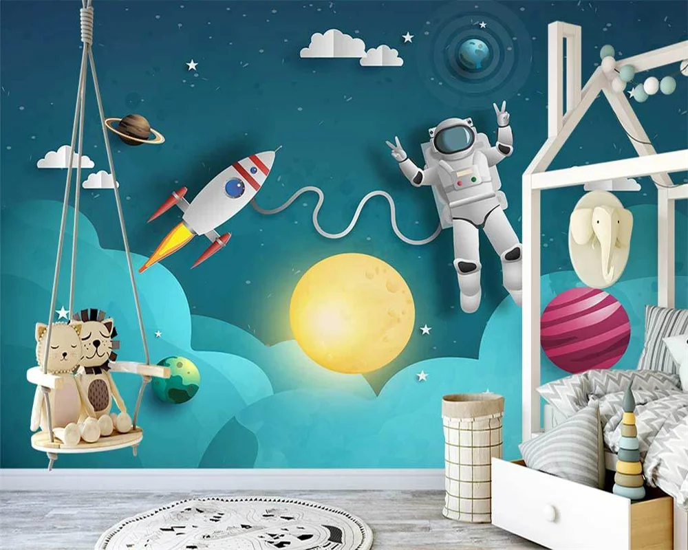 

beibehang Custom papier peint Nordic hand-painted cartoon space astronaut planet rocket children's room background wallpaper