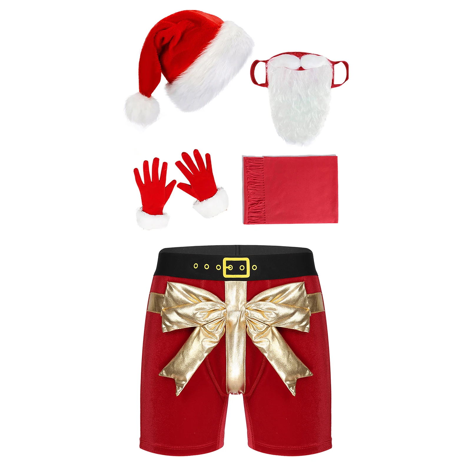 Men Red Color Boxer Briefs Shorts with Hat Beard Gloves Scarf for Christmas Santa Claus Cosplay Costumes for Party Festival Gift