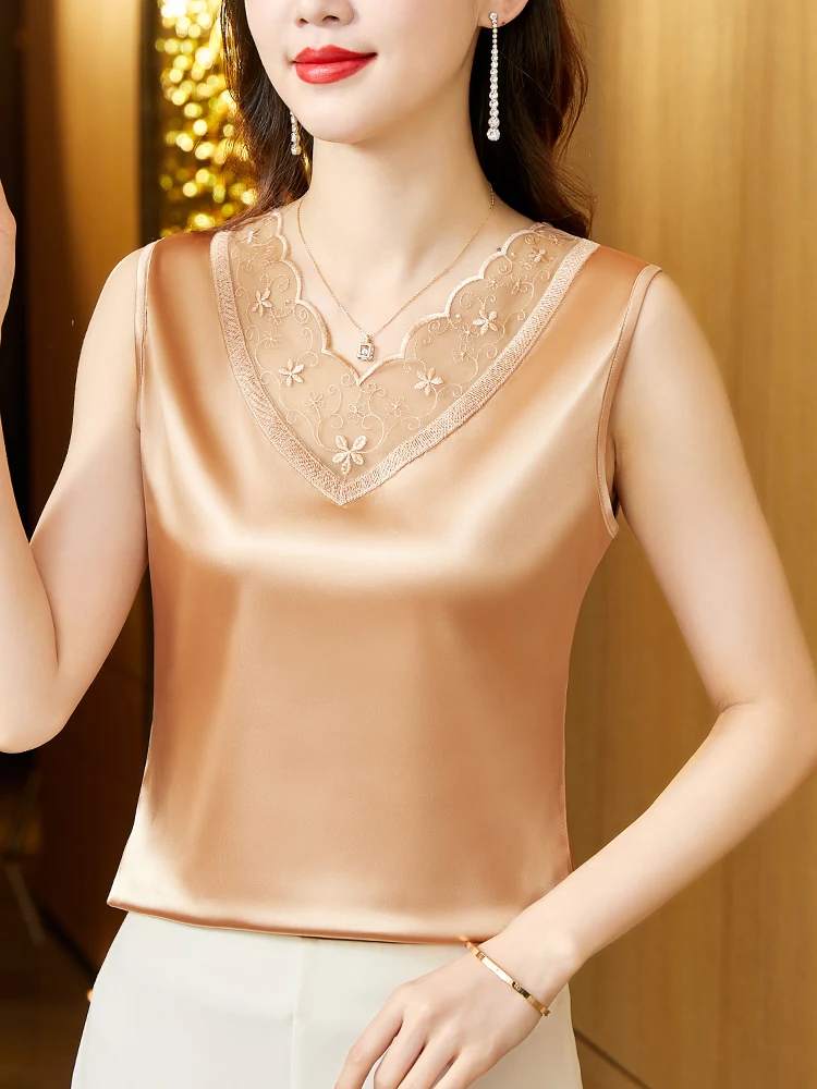 Camiseta sin mangas con ribete de encaje, satén de seda V-Ne Svel, capa Base para mujer, chaleco, traje de verano, blusa a juego