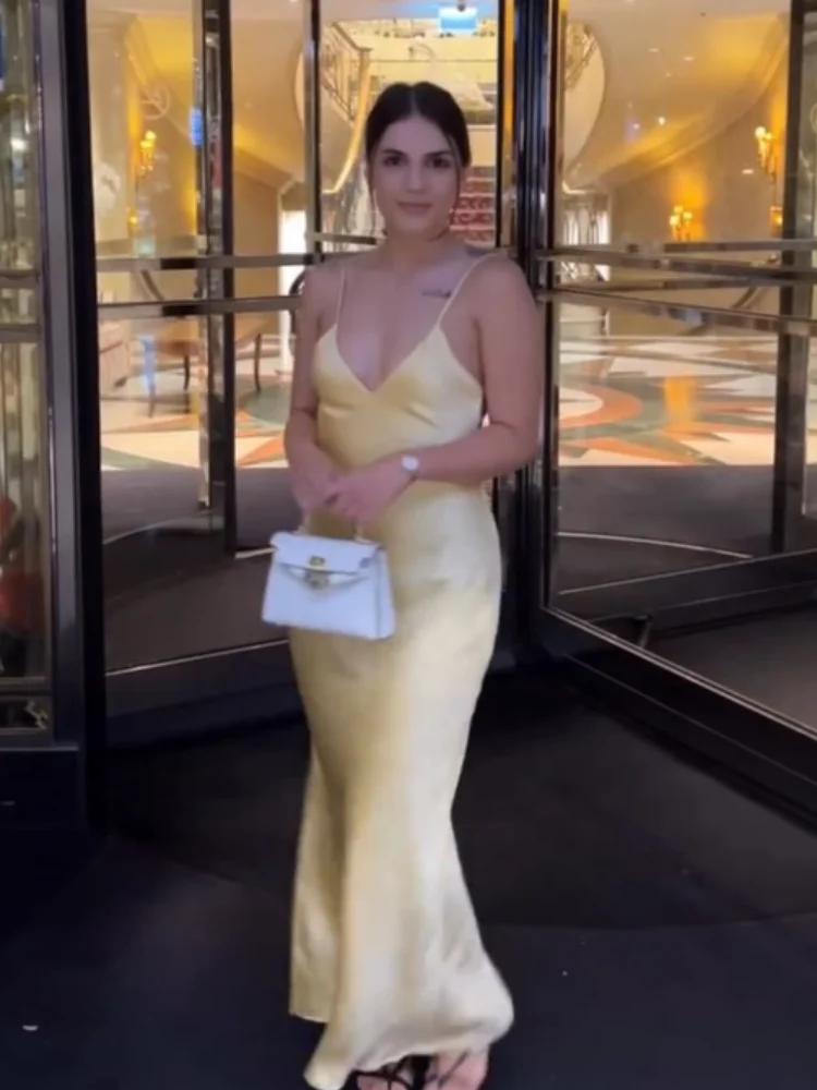 Robe élégante en Satin jaune, col en V, bretelles Spaghetti, Sexy, ample, épaules dénudées, sans manches, nouvelle collection, robes de soirée, Club ﻿