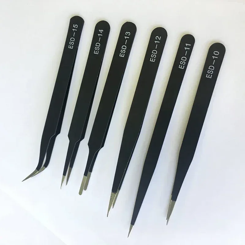 帯電防止ステンレス鋼ピンセット,6個,メンテナンスツール,産業用精密湾曲ストレートピンセット,修理ツール