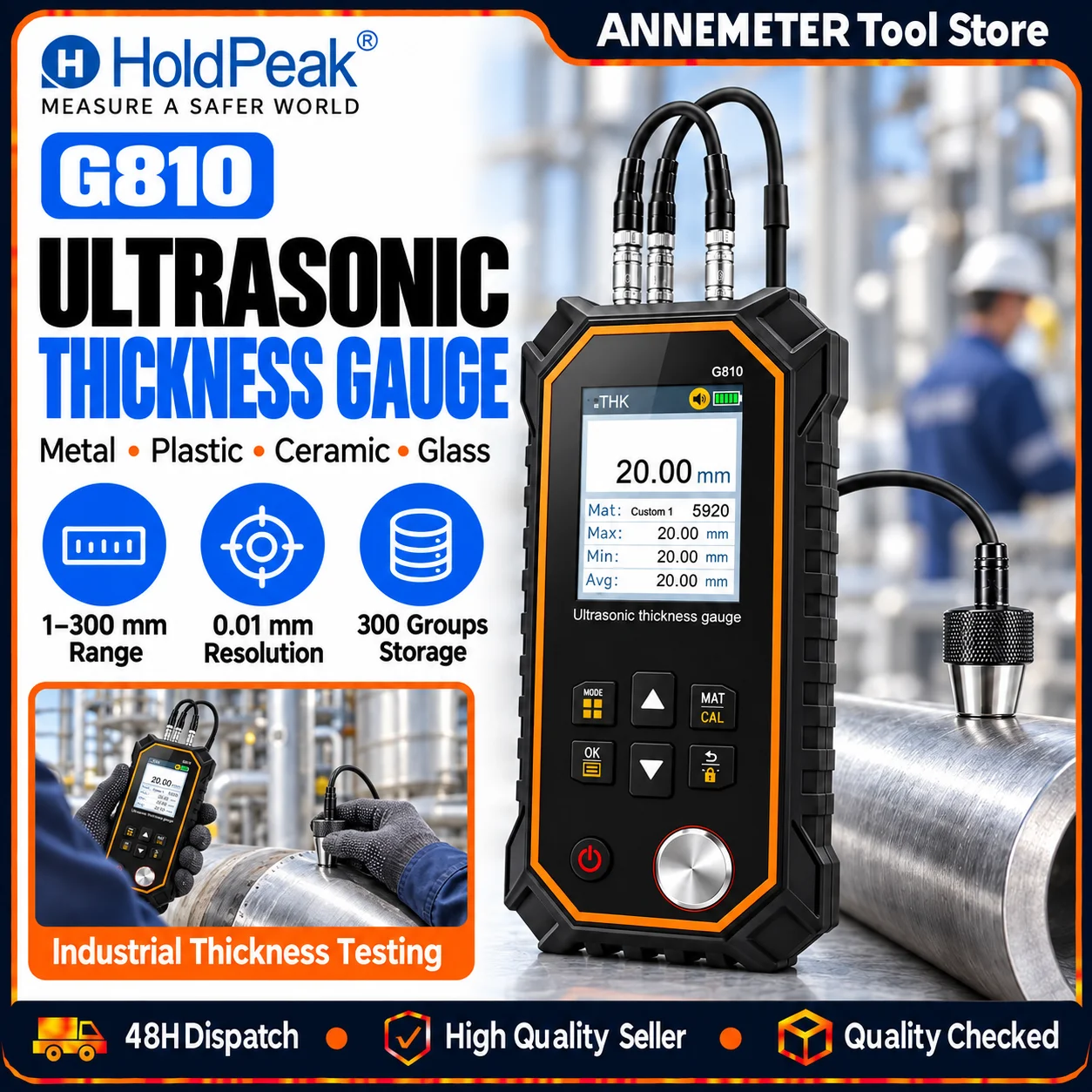 Professional Ultrasonic Thickness Gauge for Metal Plastic Glass Ceramic – 1-300mm High Precision Digital Tester with Color LCD