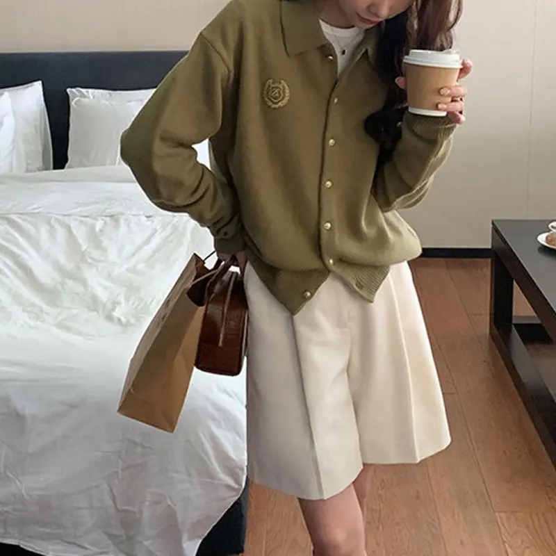 Female Clothing Embroidery Polo-Neck Cardigan Preppy Style Basic Autumn Winter Commute Single-breasted Casual Knitted Sweaters