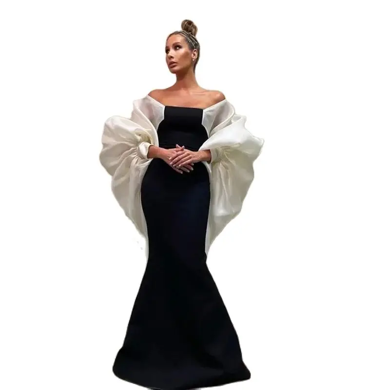 KSDN Black and White Prom Gown Strapless Ruffle Long Sleeve Straighr Floor Length Formal Occasion Vestidos De Gala Women Dresses