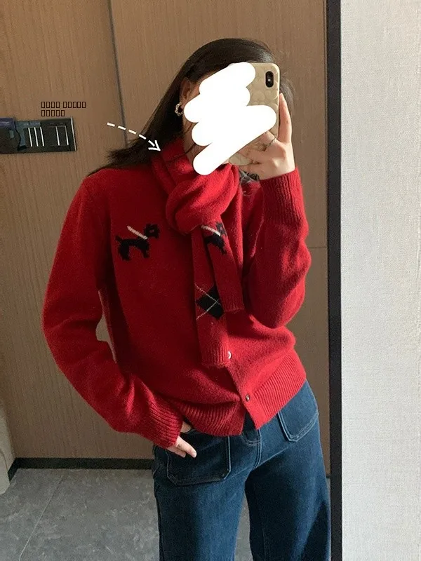 

Кардиган-шарф из смесовой пряжи с мехом красного кролика, осенне-зимний, новогодний, повседневный, стандартный крой, с длинными рукавами, утолщенный шерстяной свитер