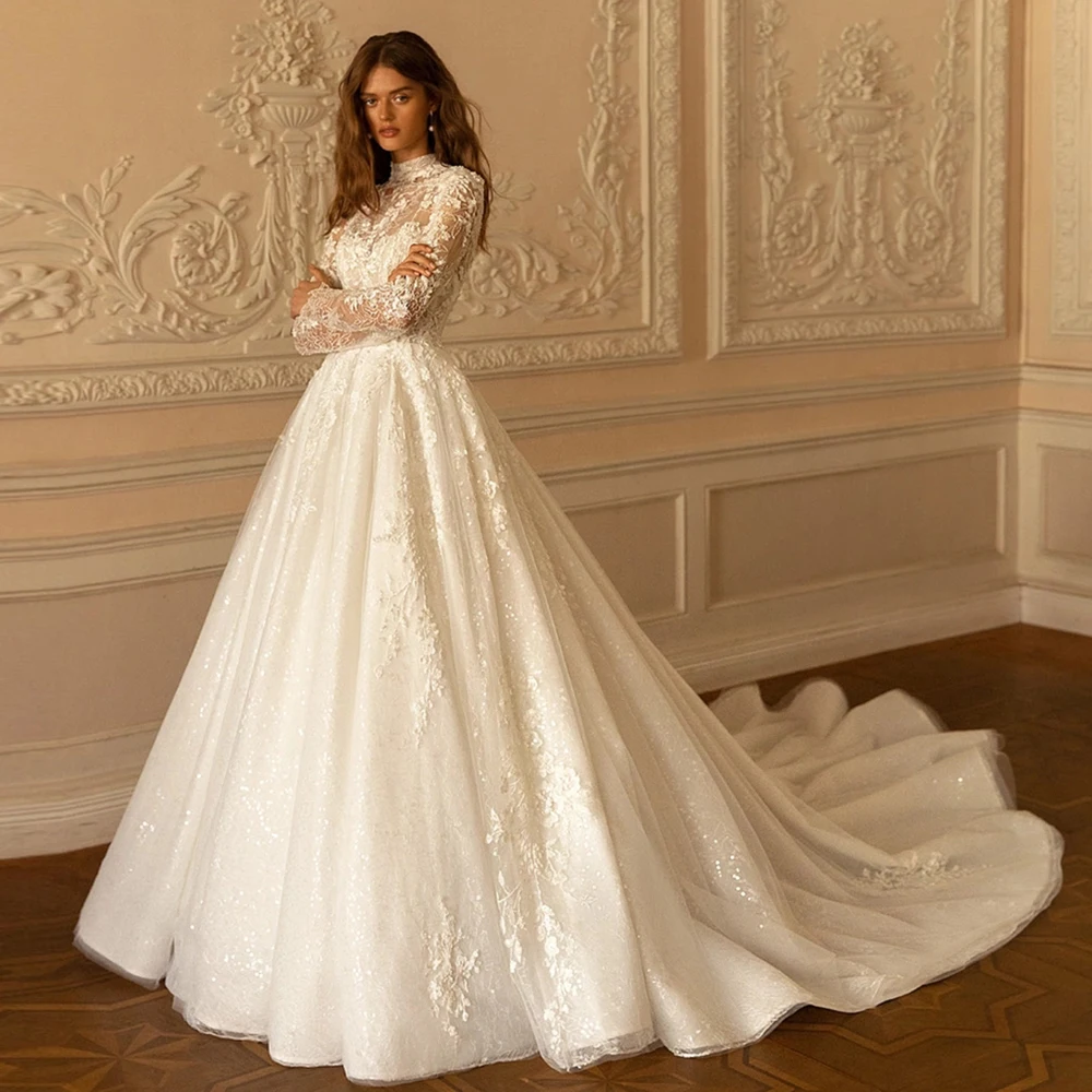 Luxury High Collar Wedding Dresses With Long Sleeve Glitter Delicate Applique Customizable Formal Church Bridal Gown For Bride