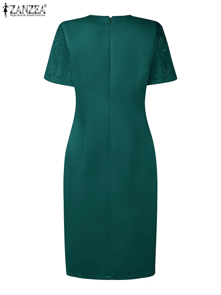 2025 Abito da festa elegante ZANZEA Donna Elegante patchwork di pizzo Abiti estivi Manica corta Slim Fit Vestito estivo Abito longuette in raso solido