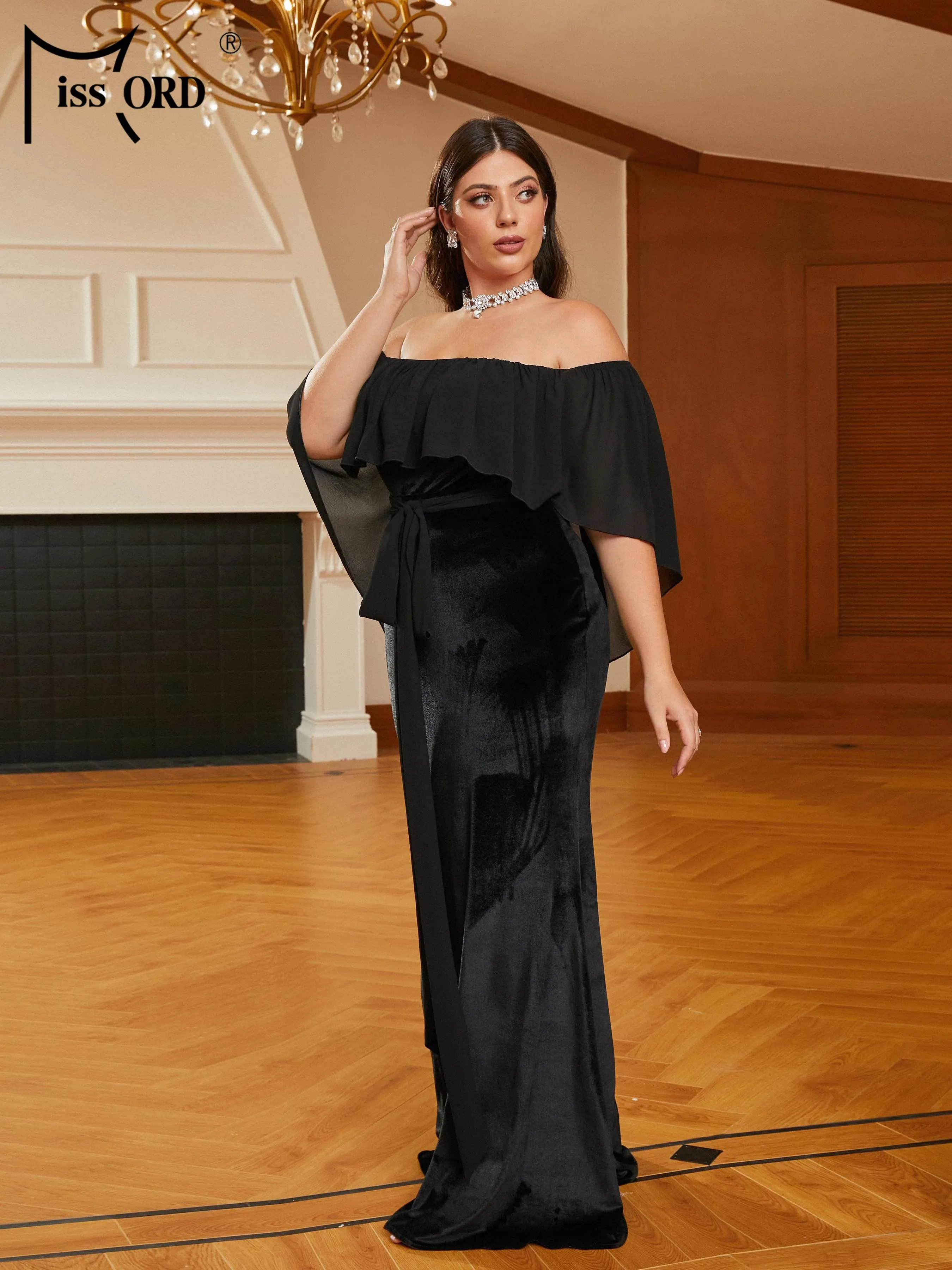 Missord Plus Size Batwing Sleeve Black Off Shoulder Mermaid Evening Dress Formal Occasion Prom Dresses