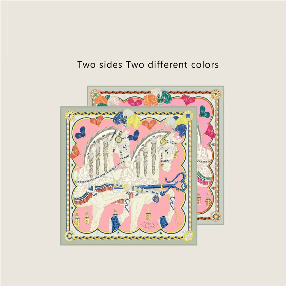 

Trendy 90cm Silk Scarf Double Printed Hourse Pattern Square Scarf Luxury Design Echarpes Foulards Hijabs For Women Accessories