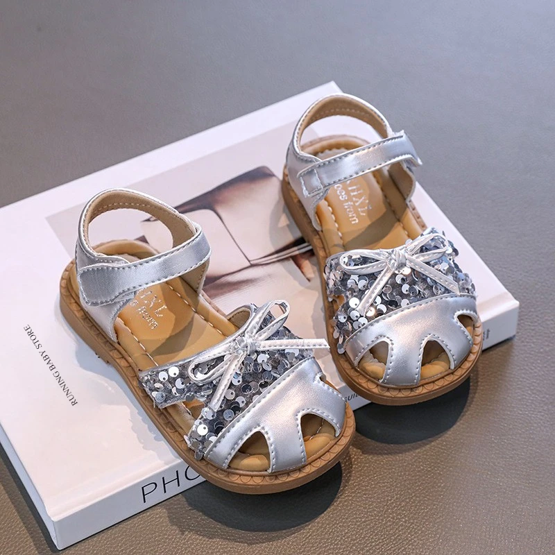 

Sliver Newest 2026 Summer Baby Girl Bling Bowknot Sandals Small Children's Shoes Soft Bottom Non-slip Sandals Beige Shoes Kids