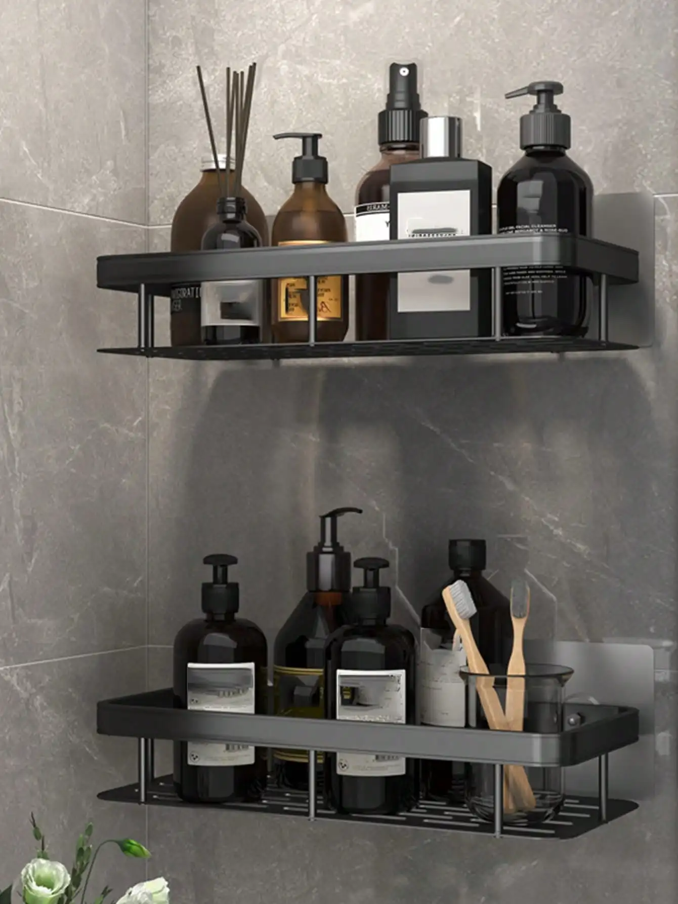

Rustproof Shower Corner Caddy with Hooks: Adhesive Wall-Mounted Organizer Shelf for Bathroom Storage