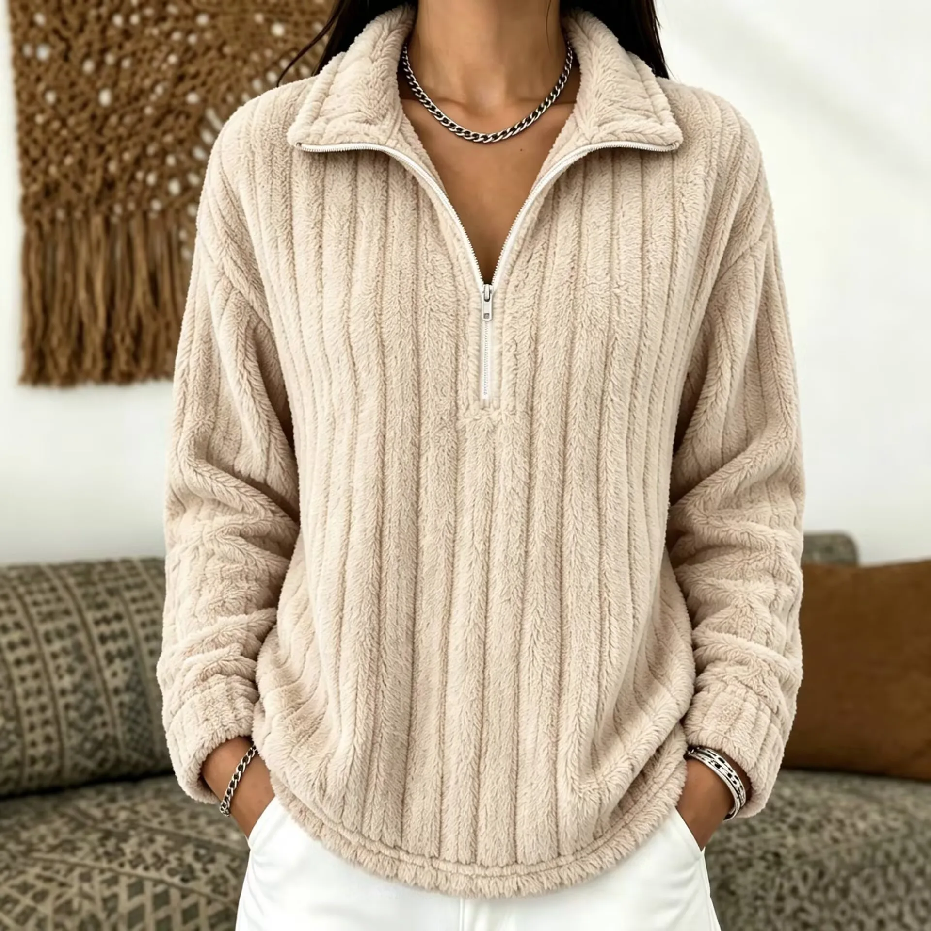 Women's Autumn Winter Turn Collar Ribbed Fleece-lined Warm Zip-up Long-sleeved Sweatshirt