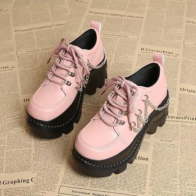 

Розовые женские лоферы на шнуровке, универсальные женские туфли на платформе с круглым носком на среднем каблуке, нескользящая женская обувь из искусственной кожи