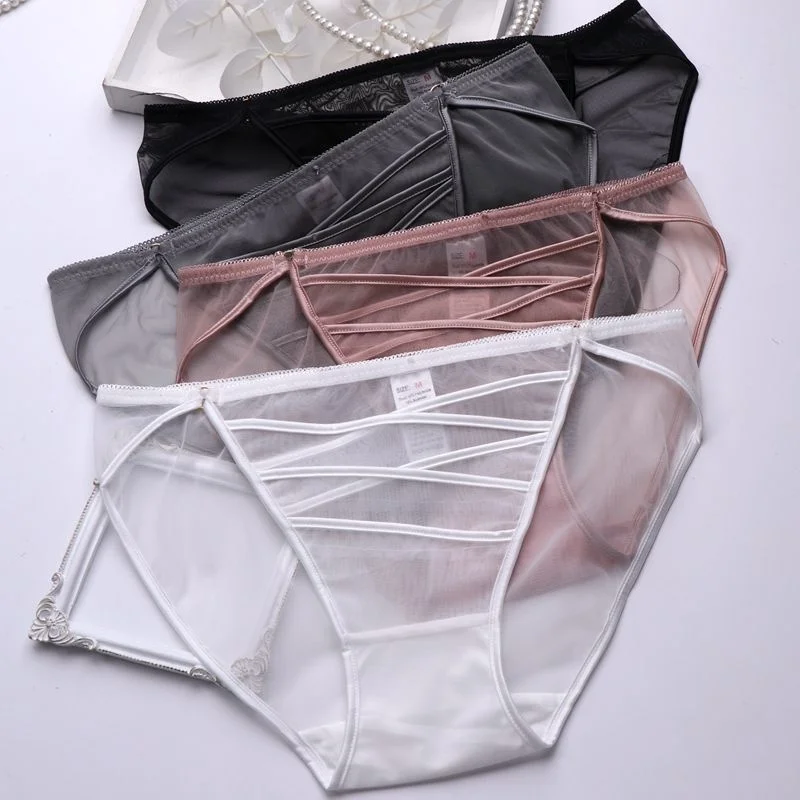 Lace Mesh Transparent Erotic Underwear Women\'s Low Waist Crotch Cotton Satin Perspective Panties Sexy Seamless Briefs Lingerie