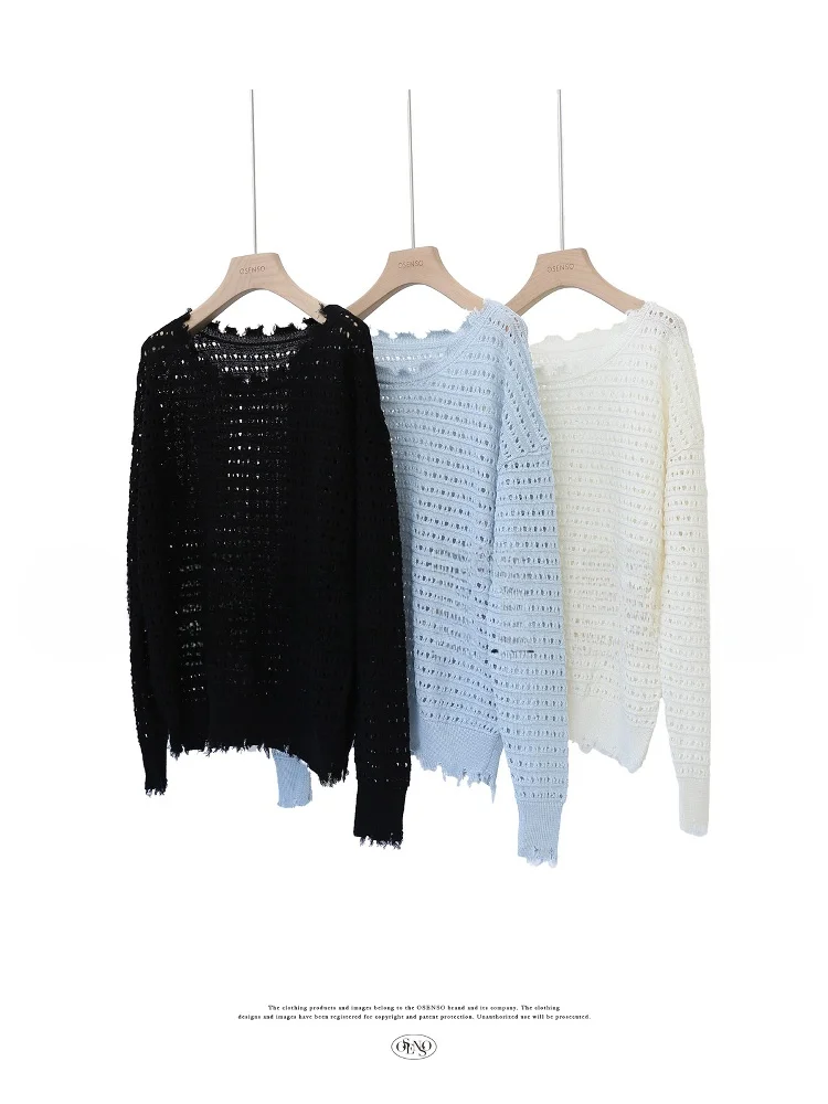 

OSENSO Wing Knitted Long Sve Casual Hollow out Large round Ne Pullover irt Loose Fit Summer 2025