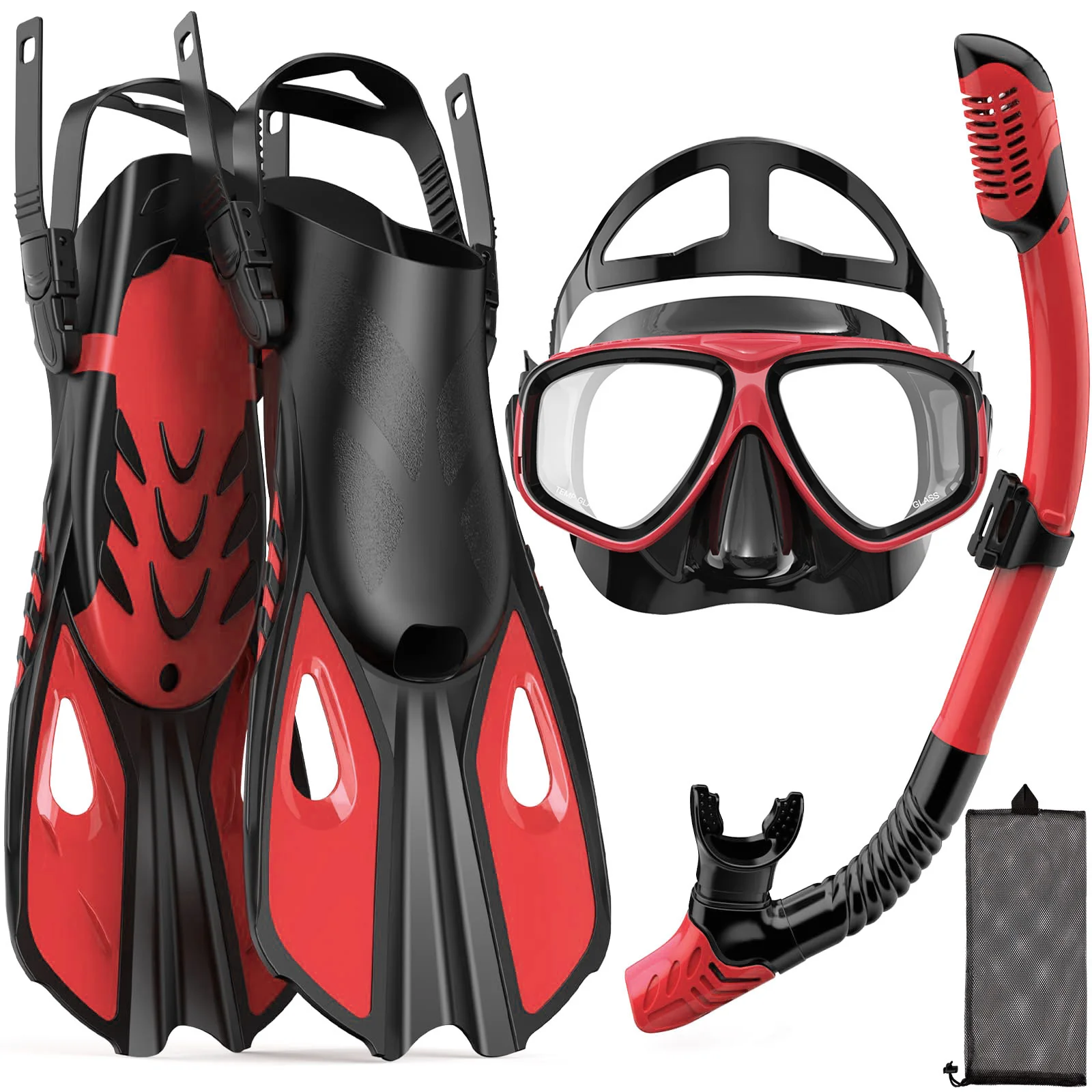 Maskenflossen, Schnorchelset, 4-in-1, Panoramablick, Trockenoberteil, verstellbar, kurze Tauchflossen, Reisetasche, Tauchausrüstung, Tauchen, Schwimmen, Erwachsene – Detail 13
