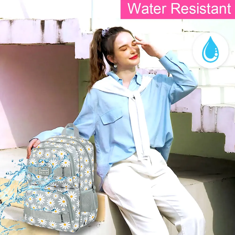 Zaino per ragazze Daisy da 3 pezzi, zaino per scuola per laptop da 17 pollici Zaini per bambini resistenti all'acqua per college per adolescenti con set di scatole per il pranzo - Grigio