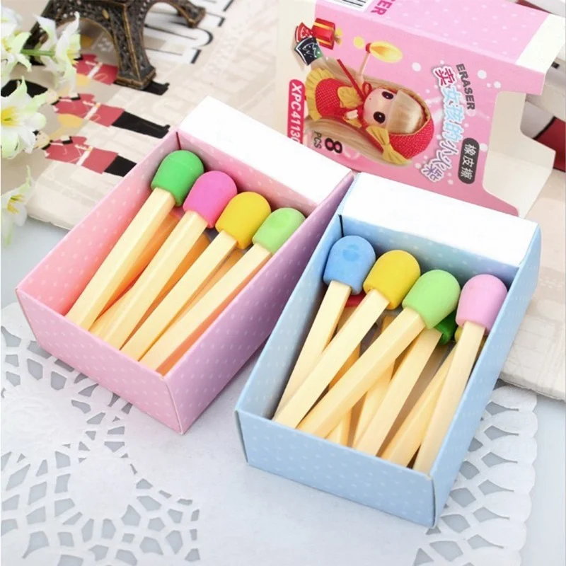 8pcs/box Cute Kawaii Matches Eraser Lovely Colored Eraser For Kids Students Kids Creative Item Gift