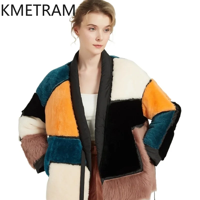 KMETRAM 100% Natural Sheepskin Wool Fur Coats Peacock Blue Woman Clothing Mid Length Winter New Outerwears 2025 fourrures femmes