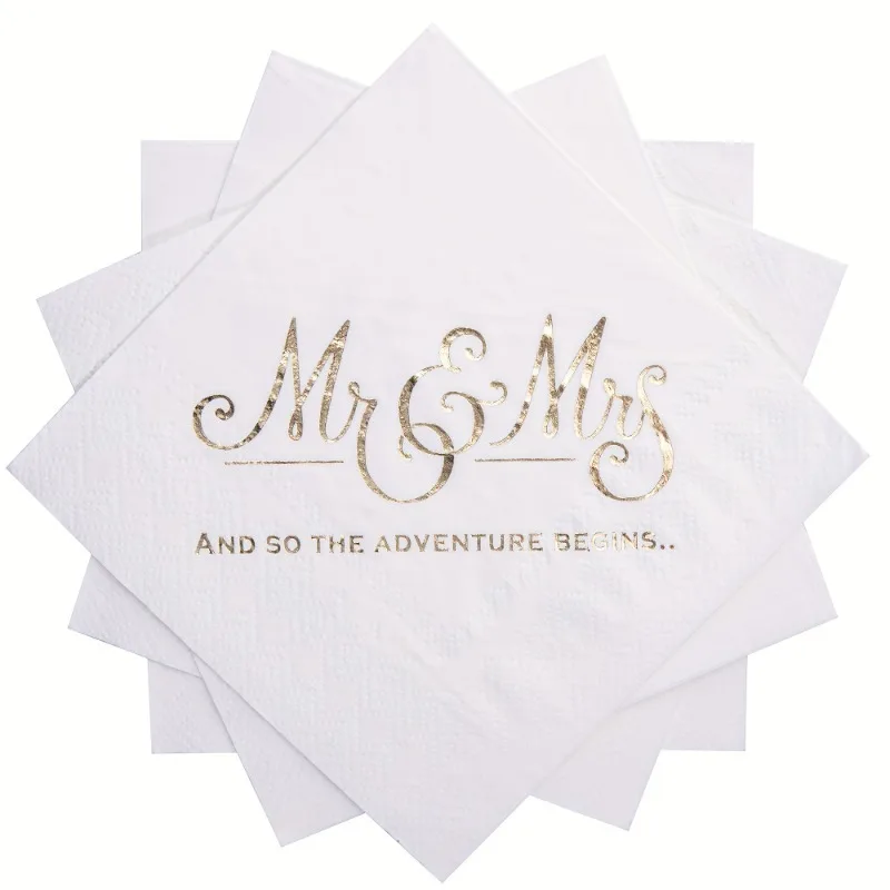 100 Stück Einweg-Hochzeitsservietten, Cocktailservietten aus Goldfolienpapier Mr. und Mrs., Geeignete Verwendung bei Hochzeitsbanketten und Partys