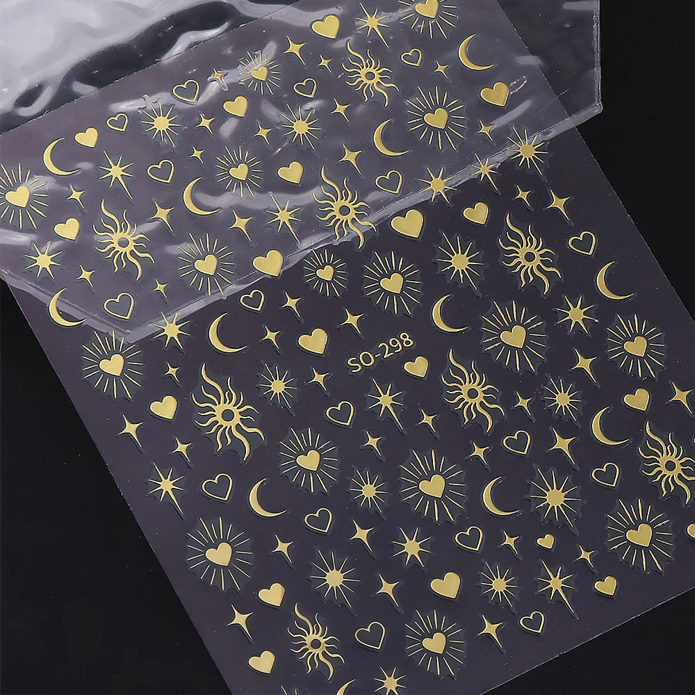 1/6pcs 3D Metallic Moon Sun Starburst Heart Nail Stickers Bronzing Gold Silvery Black White Laser Adhesive Nail Decal Nail Suppl