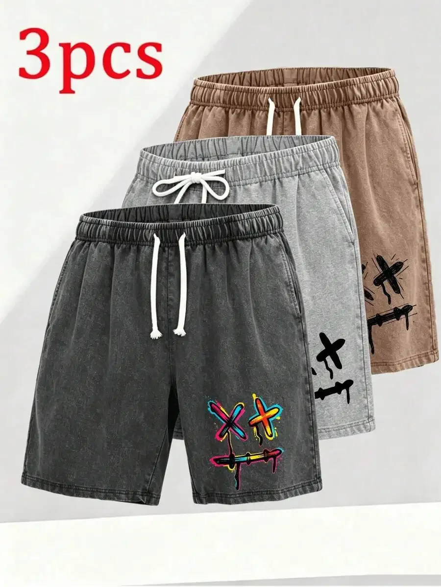 

Mens Washed Cotton Casual Shorts 3 Pack Loose Drawstring Graffiti Print Athletic Shorts