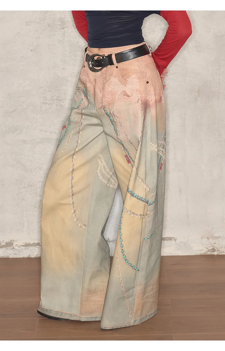 

Y2K женские джинсы в стиле ретро с 3D висячим украшением и принтом, свободные модные крутые спортивные штаны, уличная одежда