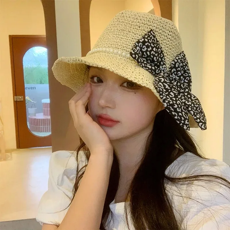 الصيف شاطئ القوس اللؤلؤ القش قبعة المرأة قناع قبعة بحافة صياد قبعة اليد النسيج بنما فتاة السفر شاطئ البحر الحماية من الشمس #2