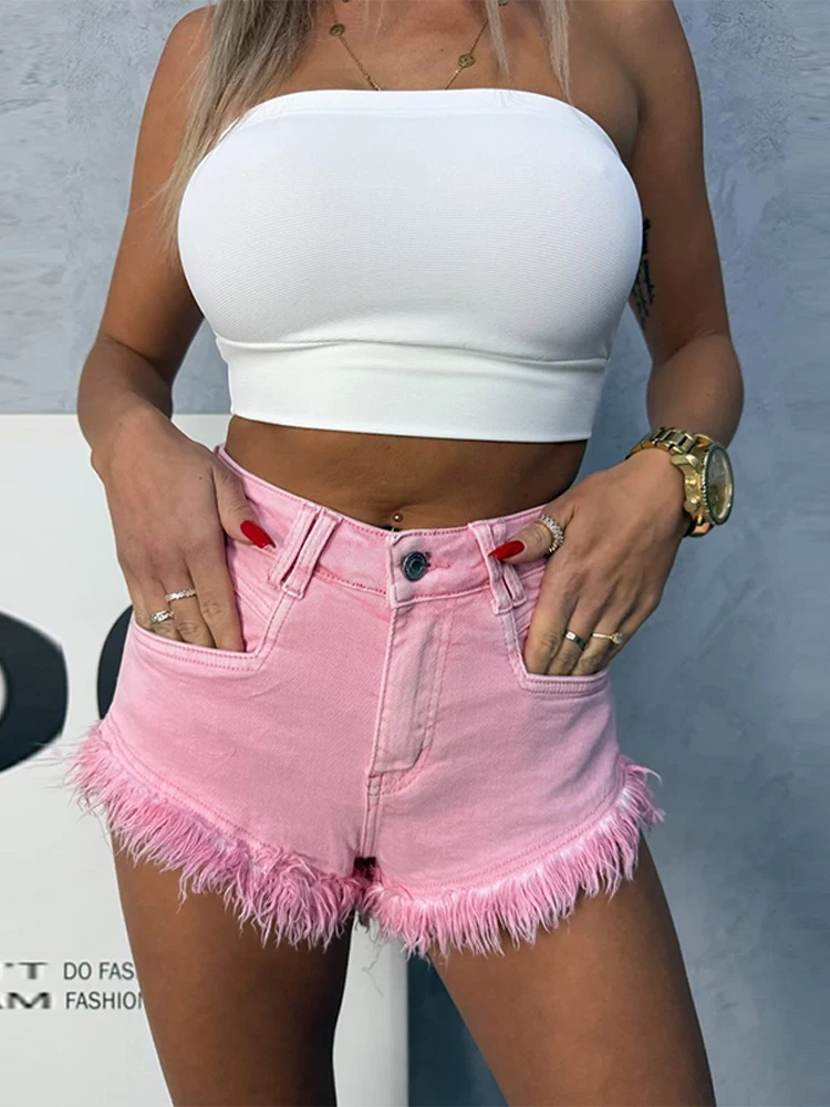 

Vintage Pink Denim Shorts For Women Retro Wide-leg Pockets Female Short Pants Y2k High Waist Solid Ladies Streetwear 2025 New