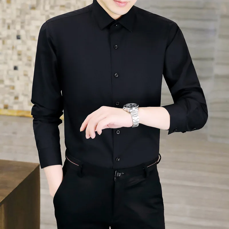 2023 New Fashion Bamboo Fiber Long Sleeve Shirt Solid Color Regular Fit Men\'s Social Casual Business White Black Formal Shirt4XL