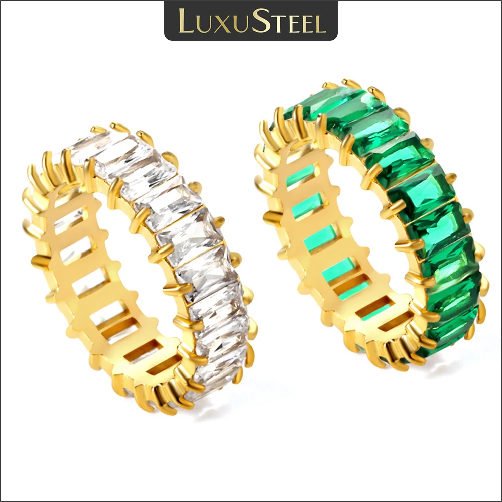LUXUSTEEL Modischer Ring aus vergoldetem Edelstahl mit kubischem Zirkonia für Damen, weiß-grüner Kristall, wasserdichter Fingerschmuck