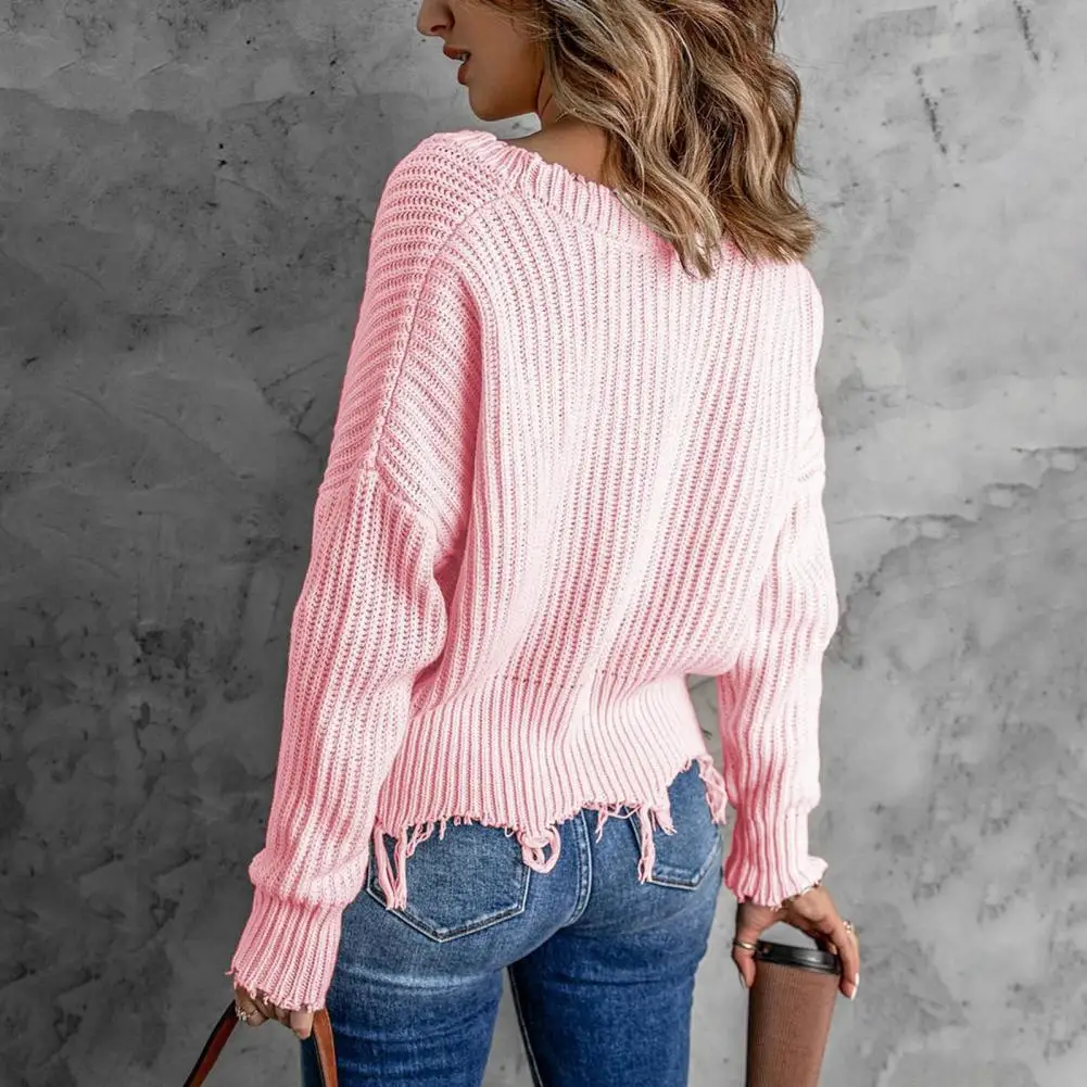 Cold Resistant Fashion Distressed Ripped Tassel Sweater Jumper Warm Sweater Jumper V-Neck Streetwear