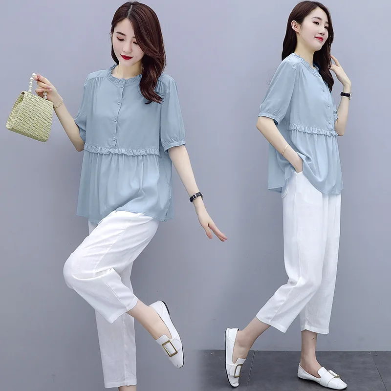 

Cotton Linen Suit Women Pantsuits For Summer 2024 New Solid O-Neck Fungus Tops & Pants 2 Pieces Outfits Costume High Quality