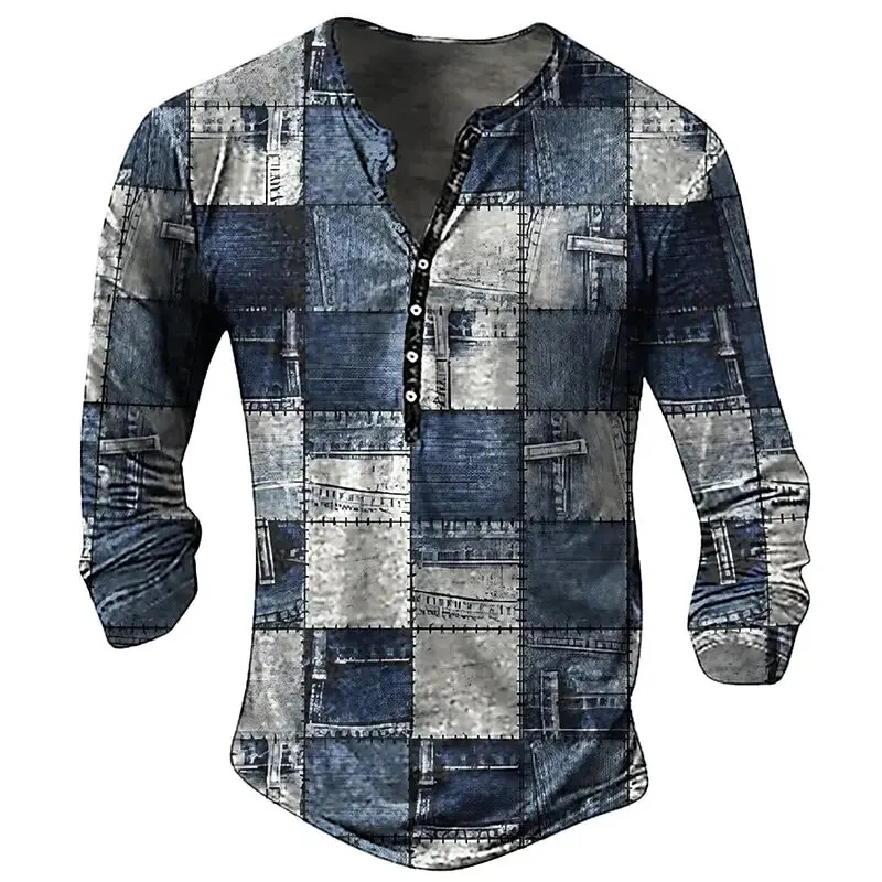 

2024 New Patchwork Denim Vintage Men's T Shirt Grid Pattern Long Sleeve 3D Printed Shirt Oversized Men's Button V Neck Top