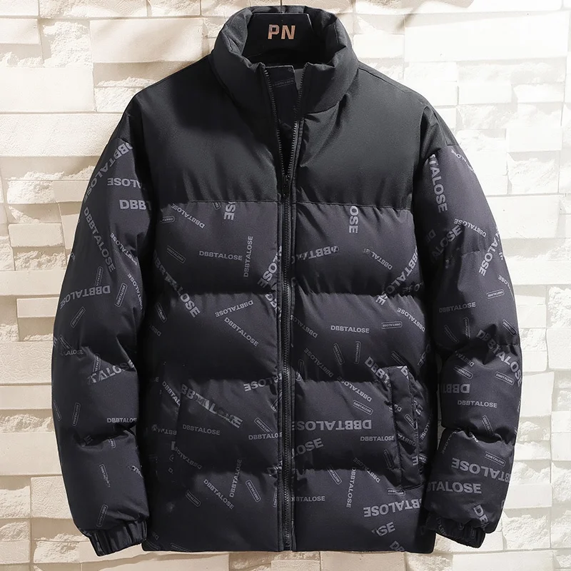 

Thickened Cotton Jacket Men's Autumn Winter Stand Collar Printed Warm Coat Standard Fit Youth Fashion Casual Style Polyester ...