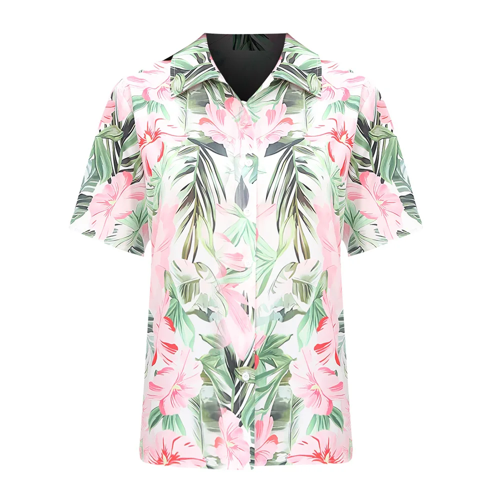 Women Summer Leaves Elegant Floral Shirt Summer Hawaiian Short Sleeve Oversized Shirts Printing Vacation Style Custom Camisa