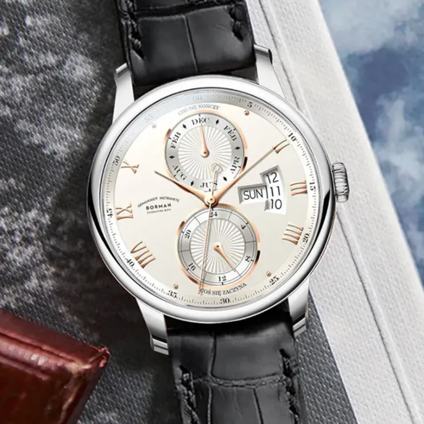 BORMAN Men Automatic Watch Luxury 42mm Mechanical Wristwatch Sapphire Multi-Dial Month Week Date 24 Hours