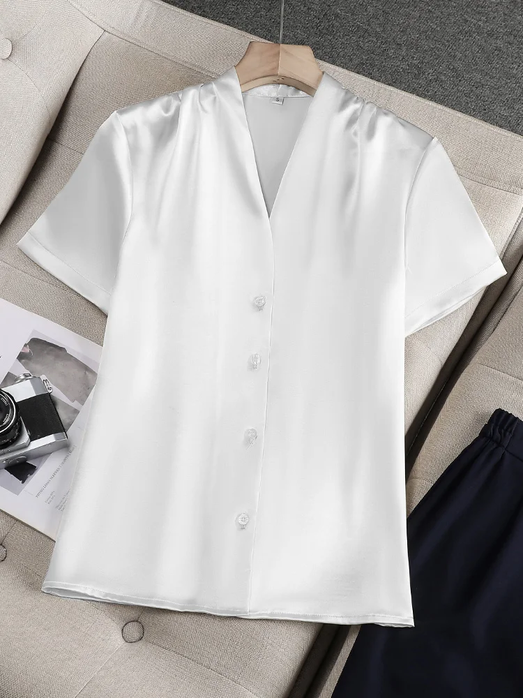 

Summer Solid Professional Elegant Short Sleeve Single Breasted Tops Women V Neck Office Lady Versatile Shirt Fashion Simplicity