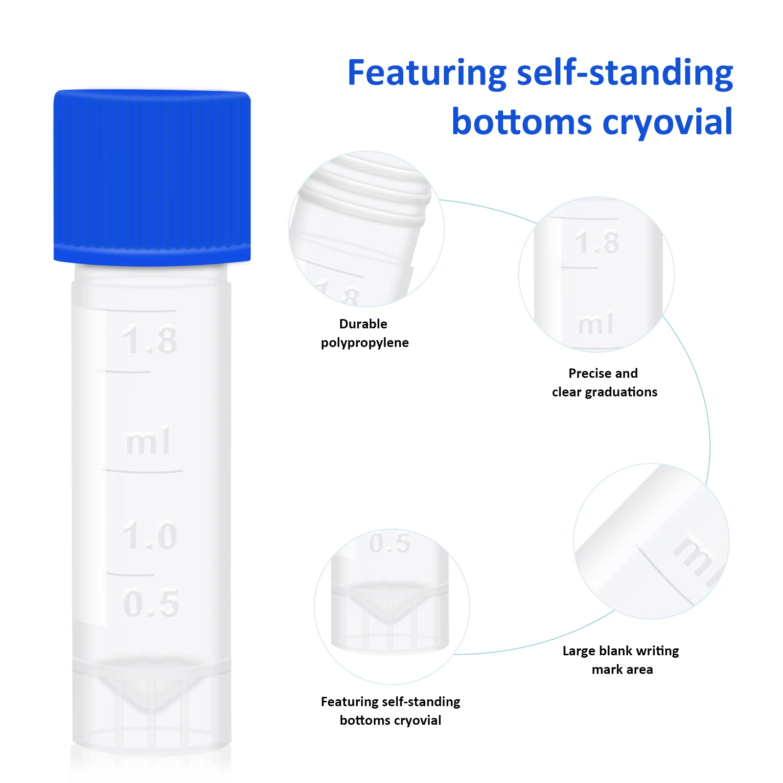 100Pcs1.8ML Cryotubes With Scales + 50-Hole Cryotube Box, Sample Bottles With Screw Caps/Writing Area, For Laboratory